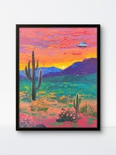 Listing image for Original Sci Fi Mystical Art Arizona Desert Painting Sunset UFO Saucer Wall Art